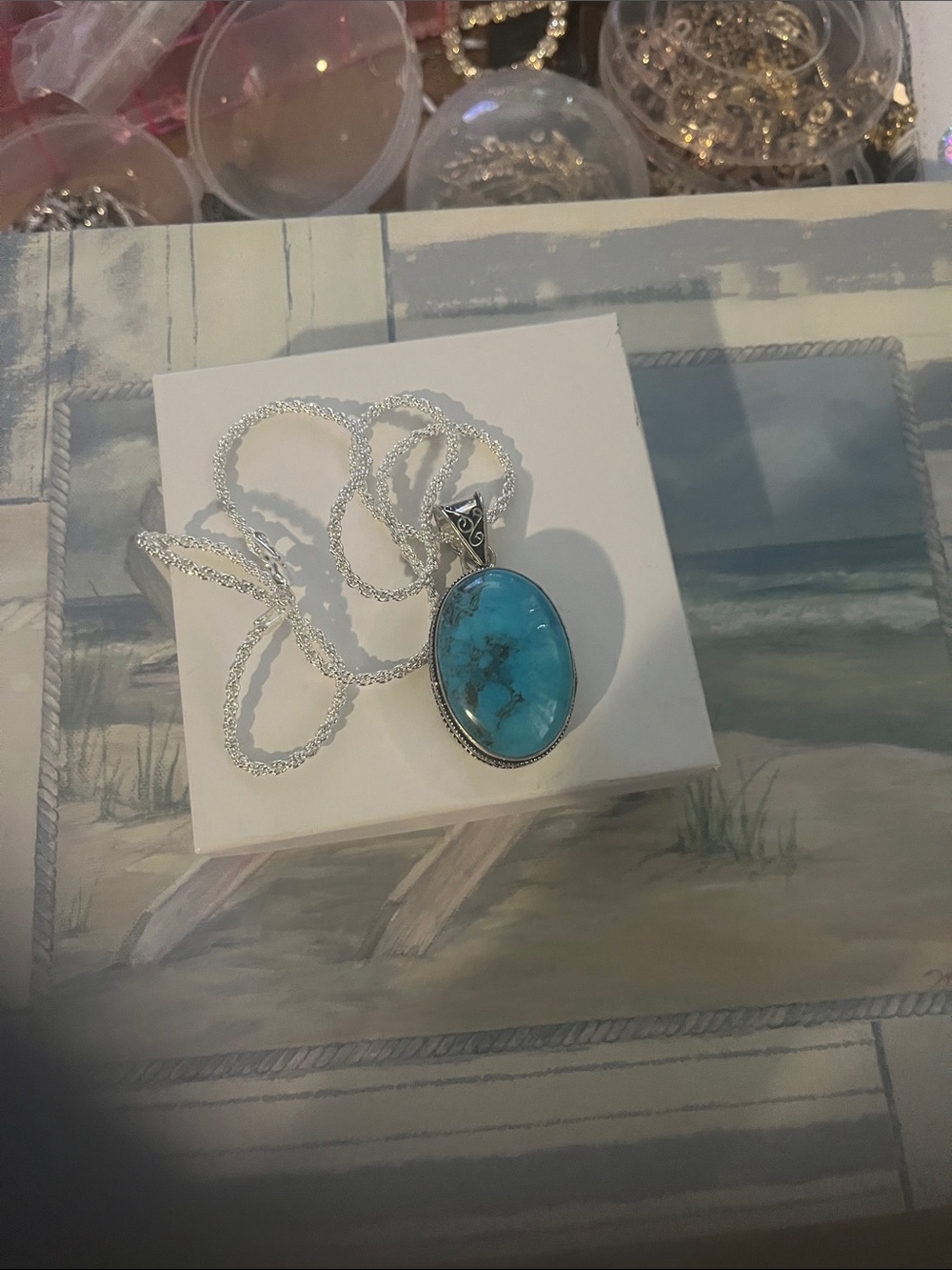 New Silver 925  Turquoise Oval Pendant Necklace - Blue
